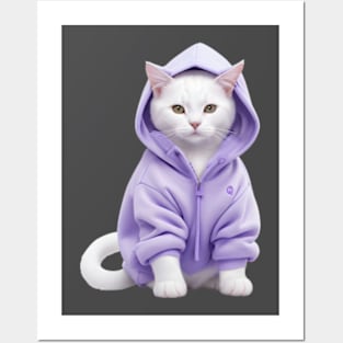 British shorthair cat wearing purple hoodie Posters and Art